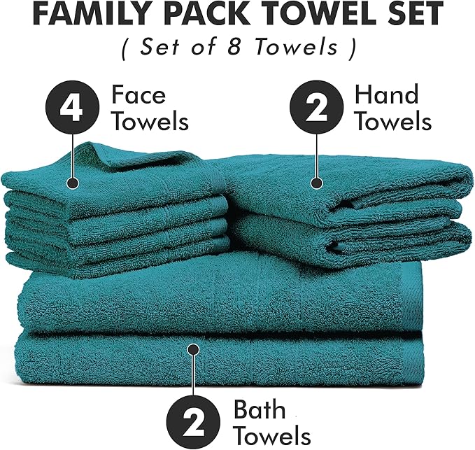 Bath Towels Set of 8 – 100% Cotton (Teal) Bathroom Towel Set Bale Includes 2 Bath, 2 Hand, 4 Face Towels – Soft, Absorbent & Quick Dry Towel for Bathroom, Spa, Kitchen, Hotel Use