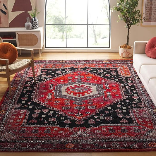 SAFAVIEH Vintage Hamadan Collection Area Rug - 9' x 12', Red & Black, Traditional Oriental Design, Non-Shedding & Easy Care, Ideal for High Traffic Areas in Living Room, Bedroom (VTH204Q)
