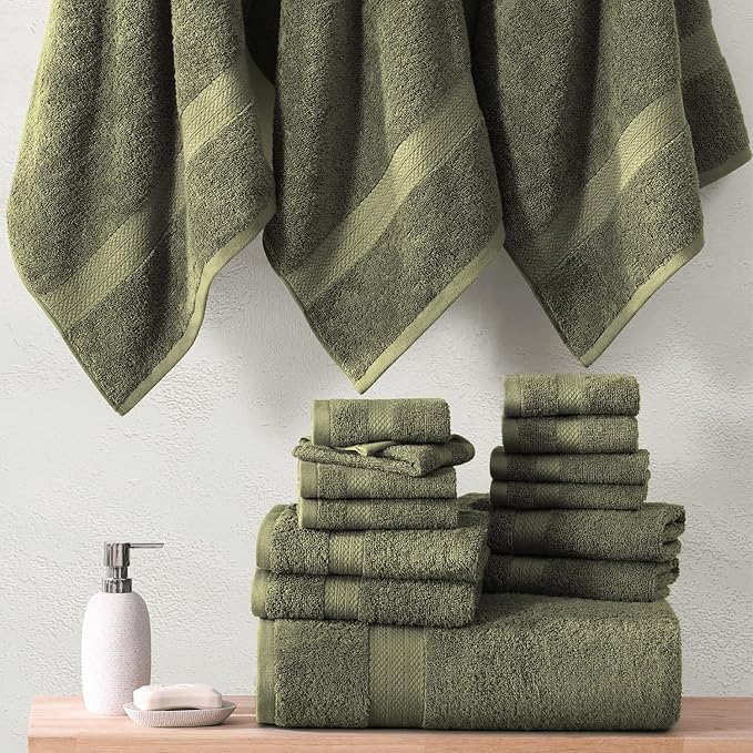 LANE LINEN 100% Cotton Bath Towel Set of 18 - Softer, High Absorbency & Durable - 4 Bath, 8 Wash Cloth, 6 Hand Towels for Bathroom - Premium Look, Spa Quality, Solid Dyed Towels - Oil Green