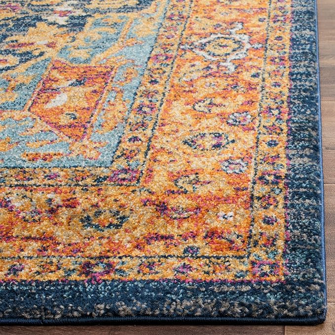 SAFAVIEH Evoke Collection Area Rug - 9' x 12', Blue & Orange, Oriental Medallion Distressed Design, Non-Shedding & Easy Care, Ideal for High Traffic Areas in Living Room, Bedroom (EVK275C)