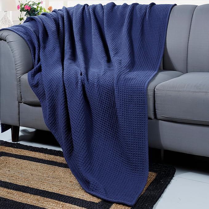 Bed & Bath Home Premium 100% Cotton Waffle Weave Blanket King Size – Soft Breathable Lightweight Comfort, Natural All-Season Bed Blanket, Easy-Care Bedspread for Bed & Couch (Navy Blue)