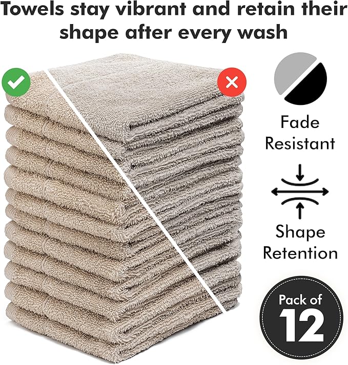 Face Towels Pack of 12 – 100% Cotton Wash Cloths (12x12 inch) – Soft, Quick Dry & Highly Absorbent Hand Towels for Bathroom, Spa, Gym, Kitchen and for Daily Use - (Beige)