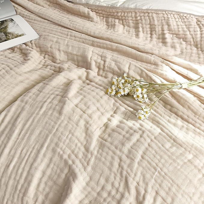 SANACYNA Muslin Blankets 100% Cotton 6-Layer Gauze Gray Grid Bed Blanket Lightweight Soft and Breathable King Blanket for Sofa Bed Coverlet Both Sides (Light Tan, Baby 30"x40")