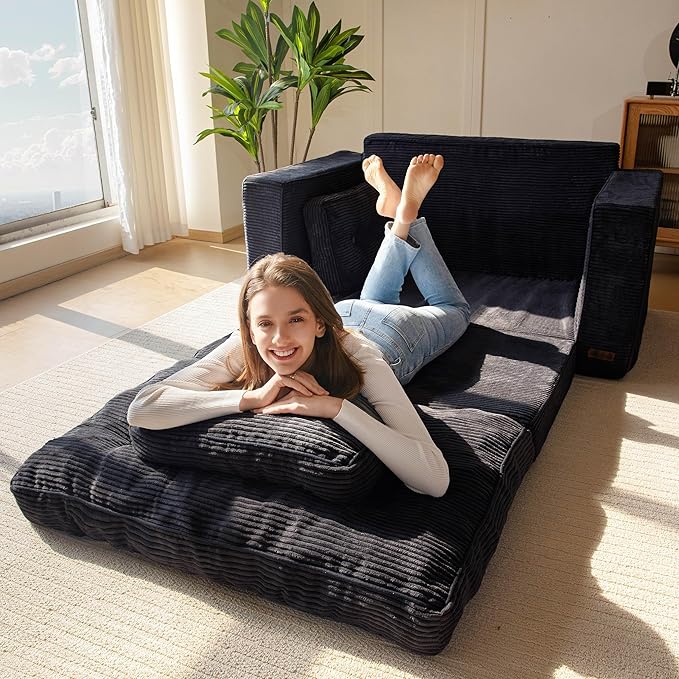 MAXYOYO Convertible Sofa Bed, Pull Out Loveseat Sleeper Sofa, 2 in 1 Folding Couch Bed, Fold Out Floor Couch with Pillows for Living Room Bedroom Lounge, Black