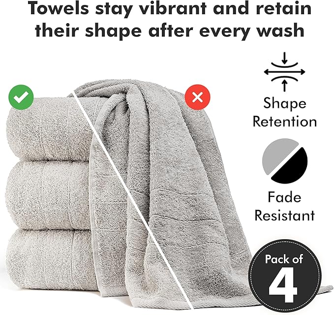 Bath Towels Set of 4 – 100% Cotton Light Grey Extra Large Towels for Bathroom, Spa Use (55x28 in) – Super Soft and Quick Dry Large Bath Sheets for Adults