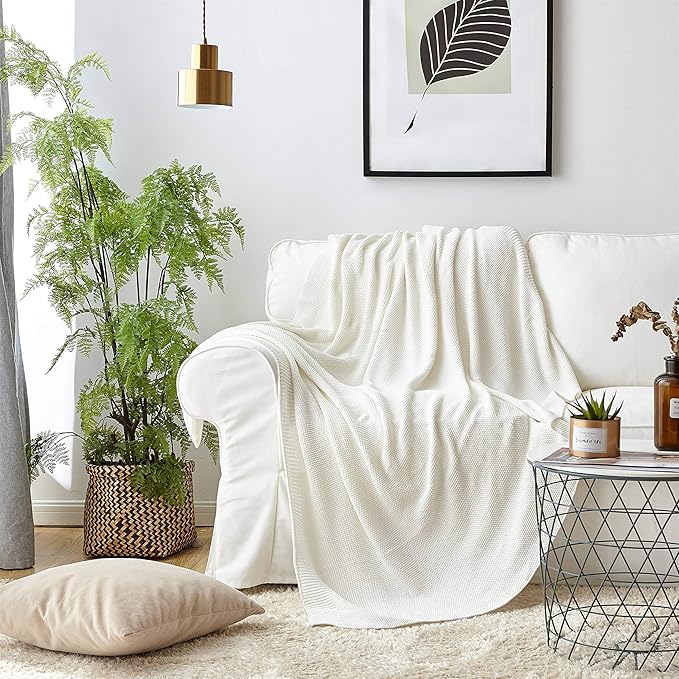 Longhui bedding 100% Cotton Ivory White Lightweight Cable Knit Throw Blanket for Couch Sofa Bed Home Décor – 50“ x 60”, Bonus Laundering Bag, Machine Washable