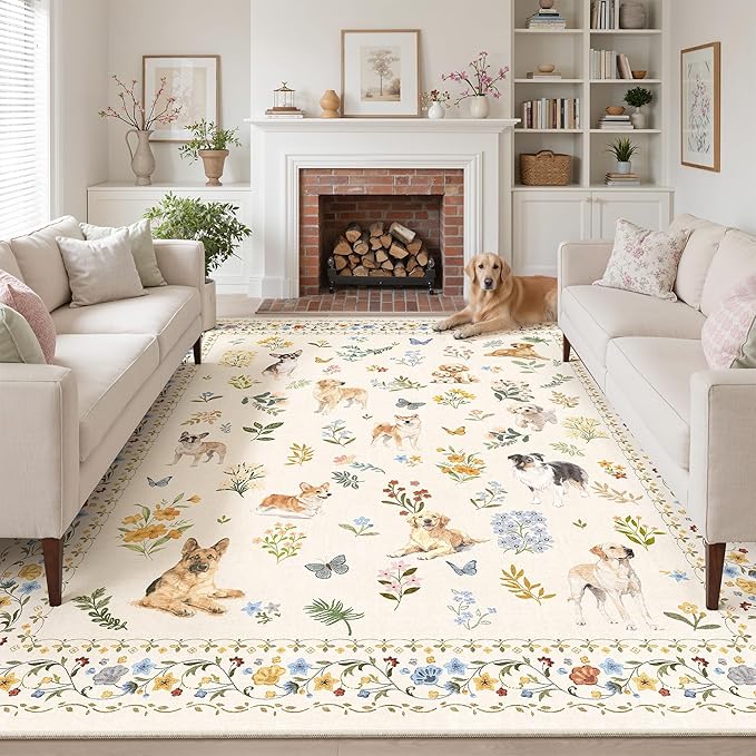 Dog 9x12 Area Rugs for Living Room, Machine Washable Animal Floral Vintage Rug Non-Slip Low Pile Soft Throw Large Rugs for Bedroom Dining Room Kitchen Nursery Playroom (9 x 12,Beige)