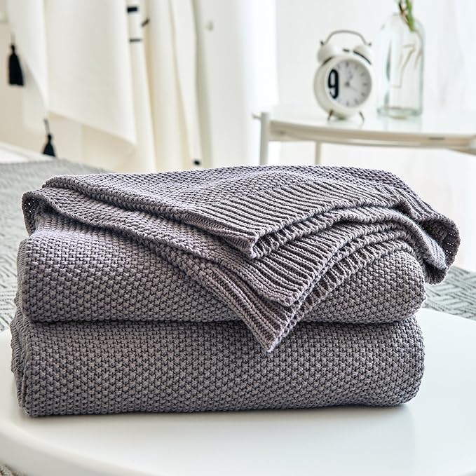 Longhui bedding Dark Grey 100% Cotton Lightweight Cable Knit Throw Blanket for Couch Sofa Bed Home Decorative, Bonus Laundering Bag, Dark Gray 50“ x 60”, Machine Washable