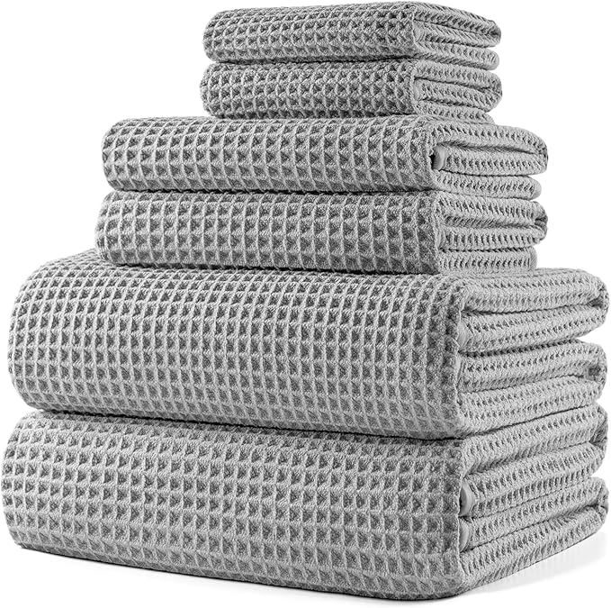 430 GSM Microfiber Quick Dry Lint Free Oversize Bath Towel Set, 6 Piece (Waffle Weave)