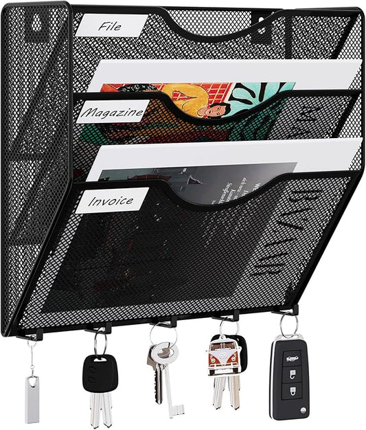 EasyPAG 3 Pocket Mesh Wall File Organizer with Key Hooks, Hanging Paper Folder Holder with Classify Label, Vertical Wall Mount Mail Organizer for Office Home Classroom, Black