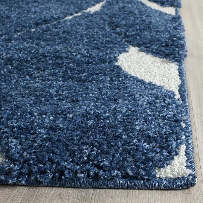 SAFAVIEH Florida Shag Collection Runner Rug - 2'3" x 9', Dark Blue & Cream, Scroll Design, Non-Shedding & Easy to Clean, High-Low Plush Pile, Ideal for Bedroom, Foyer, Hallway (SG455-6511)