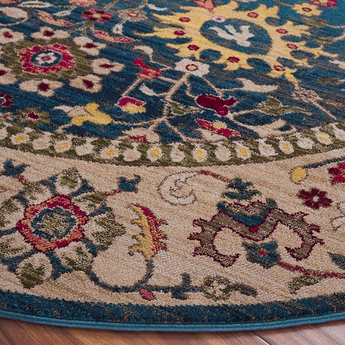 SAFAVIEH Kashan Collection Area Rug - 4' Round, Blue & Tan, Non-Shedding & Easy Cleaning, Ideal for Living Room, Bedroom, Dining Space (KSN303G)
