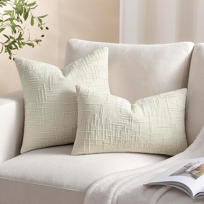 Decorative Couch Throw Pillow Covers 12x20 Set of 2 White Soft Chenille Pillow Covers Neutral Textured Boho Cushion Covers for Modern Farmhouse Sofa Bedroom Living Room Decor SY008-A12
