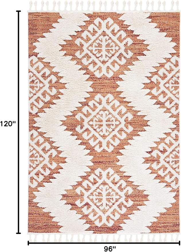 SAFAVIEH Area Rug 8x10 - Moroccan Tassel Shag Collection - Large - Orange & Ivory, Boho Design, Non-Shedding & Easy Cleaning, Plush Pile, Ideal for Living Room, Bedroom, Dining Space (MTS652P)