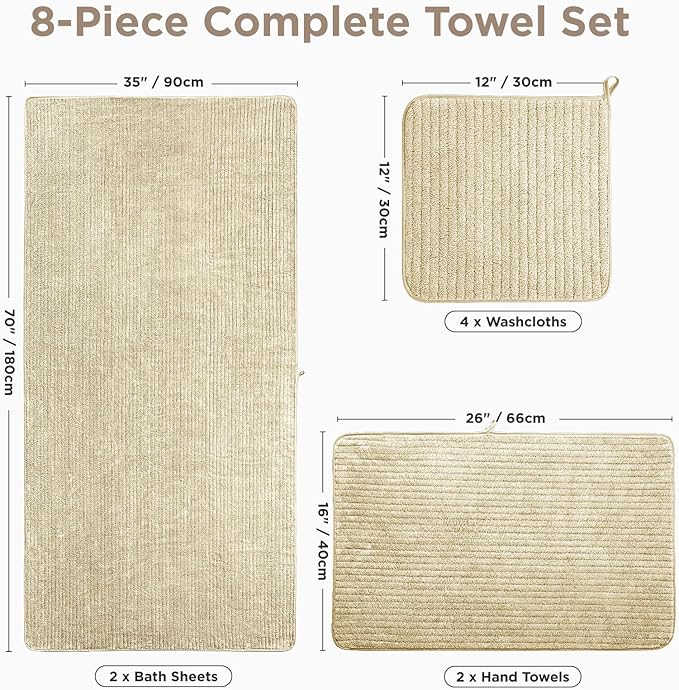 Oversized Bath Towels 8 Piece Towel Set, 2 Extra Large Bath Sheets, 2 Hand, 4 Washcloths, Luxury Soft Super Absorbent Thick Shower Towels for Bathroom, Spa & Hotel, Quick Dry, Beige