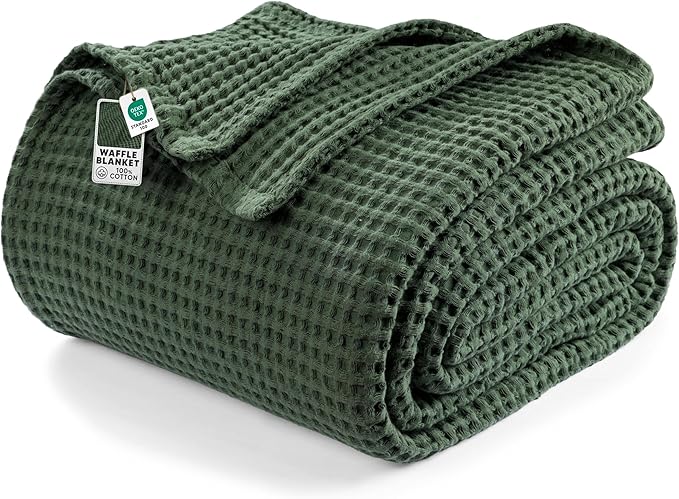 HILLFAIR 100% Cotton Blanket- 120"x120" XXL Oversized King Bed Blankets- Family Size 10 ft x 10 ft Big- Waffle Blankets, All Season Soft Breathable Extra Large King Cotton Blanket for Bed: Olive