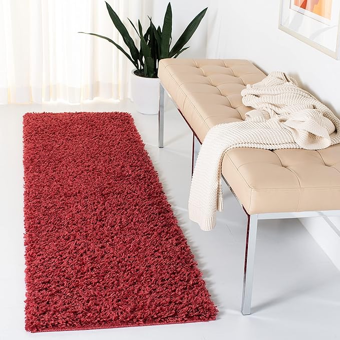 SAFAVIEH August Shag Collection Runner Rug - 2' x 7', Red, Solid Design, Non-Shedding & Easy Care, 1.5-inch Thick Ideal for High Traffic Areas in Living Room, Bedroom (AUG200Q)