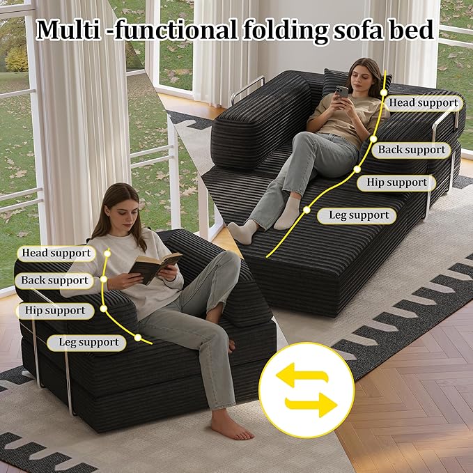 Folding Sofa Bed, 2 in 1 Convertible Sofas Lounger Comfy Single Chair Teddy Fabric Compressed Couch,Boneless FoldingSleeper for Living Room, Guest Bed, Playroom (Black, 35.43" Single Sofa)