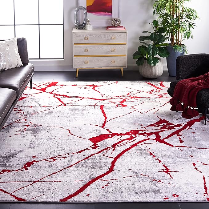 SAFAVIEH Area Rug 8x10 - Amelia Collection - Large - Grey & Red, Modern Design, Non-Shedding & Easy Cleaning, Ideal for Living Room, Bedroom, Office, Dining Space (ALA293L)