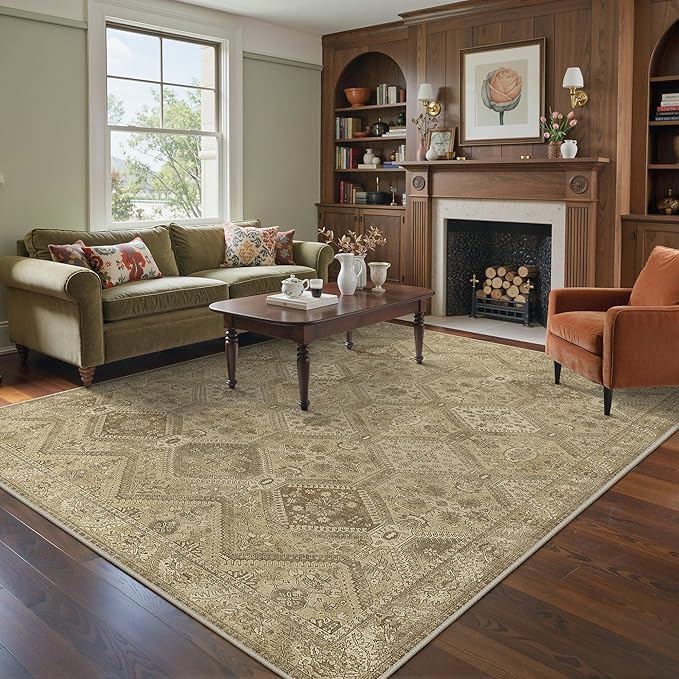 Bavni 3x5 Area Rug Washable Rug for Living Room Bedroom, Vintage Print Carpet, Low Pile Lightweight Mat with Non Slip Backing, Light Brown