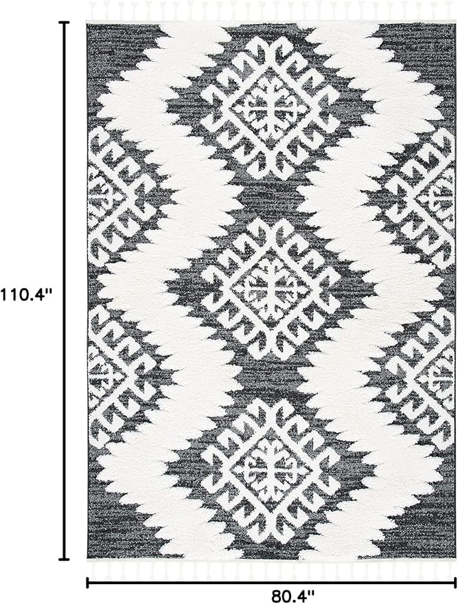 SAFAVIEH Moroccan Tassel Shag Collection Area Rug - 6'7" x 9'2", Dark Grey & Ivory, Non-Shedding & Easy Care, 2-inch Thick Ideal for High Traffic Areas in Living Room, Bedroom (MTS652H)
