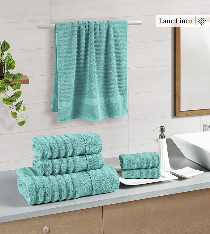 LANE LINEN Cotton Towel Set 6 Pieces - Super Soft, Durable & Highly Absorbent - 2 Bath, 2 Washcloths, 2 Hand Towels for Bathroom - Oeko TEX Certified, Zero Twist Tech & Hotel Quality - Aqua Sky