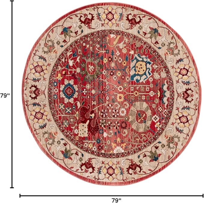 SAFAVIEH Kashan Collection Round Rug - 6'7" Round, Red & Beige, Traditional Design, Stain Resistant, Ideal for High Traffic Areas in Living Room, Bedroom & Dining Room (KSN303L-7R)