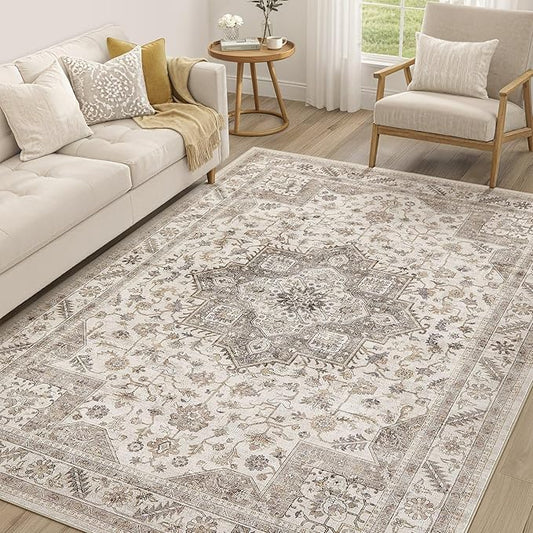 Vintage Living Room Area Rug 5x8 - Large Soft Washable Oriental Traditional Distressed Farmhouse Rugs for Bedroom - Indoor Floor Accent Carpet for Home Office House Decor - Light Brown