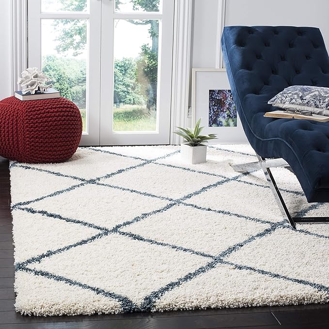 SAFAVIEH Hudson Shag Collection Area Rug - 5' Square, Ivory & Slate Blue, Modern Trellis Design, Non-Shedding & Easy Care, 2-inch Thick Ideal for High Traffic Areas in Living Room, Bedroom (SGH281T)