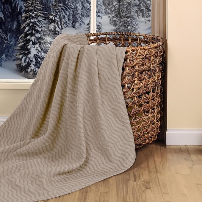 Superior JENA Cotton Blanket, for Picnic, Beach, Traveling or Camping, Bedroom Decor, Essentials, Cover for Bed, Couch, Lounging, Textured Jacquard, Modern Chevron Woven Blanket, Twin, Khaki