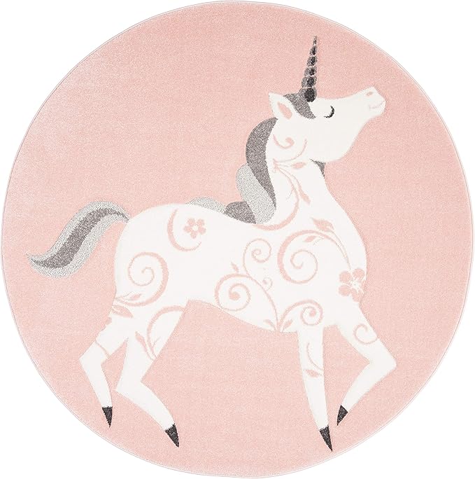 SAFAVIEH Carousel Kids Collection 4' Round Pink / Ivory CRK163P Unicorn Nursery Playroom Area Rug