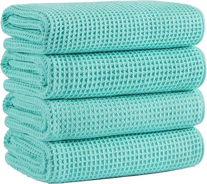 Microfiber Waffle Bath Towels, 4 Pieces, Soft, Absorbent, Fast Drying, Lint Free 430 GSM (Turquoise)