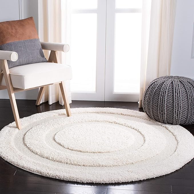 SAFAVIEH Florida Shag Collection Area Rug - 5' Square, Creme & Creme, Border Design, Non-Shedding & Easy Care, 1.2-inch Thick Ideal for High Traffic Areas in Living Room, Bedroom (SG454-1111)