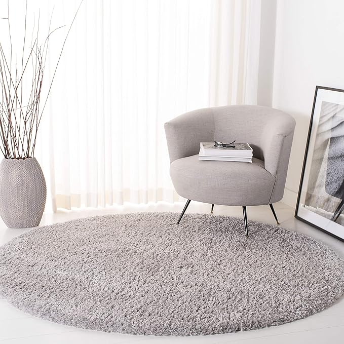 SAFAVIEH Fontana Shag Collection Area Rug - 6'7" Round, Grey, Solid Design, Non-Shedding & Easy Care, 2-inch Thick Ideal for High Traffic Areas in Living Room, Bedroom (FNT800F)