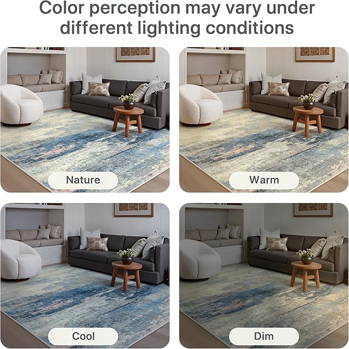 GENIMO 5X7 Washable Modern Area Rugs for Living Room, Non-Slip Low Pile Chenille Print Rug, Soft Rugs for Bedroom Dining Room Home Office, Dusk Tide