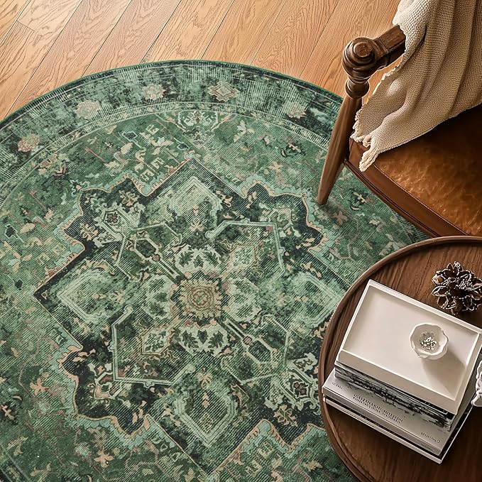 Dark Green Round Rugs 5ft, Low Pile Thin Circle Rugs Non Slip Washable, Traditional Medallion Printed Circle Carpet 5 feet for Bedroom Living Room Kitchen Dining Room