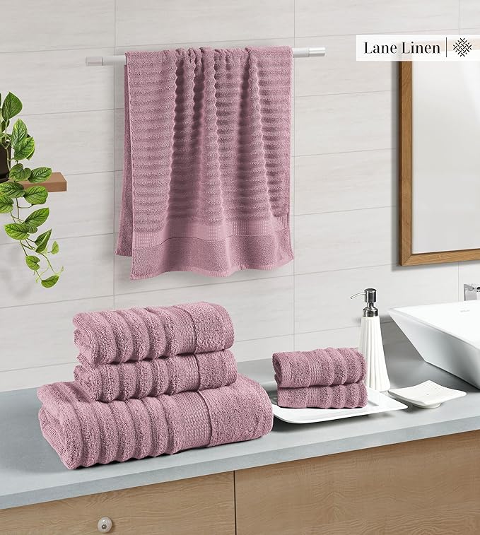 LANE LINEN 100% Cotton Bathroom Towels - 6 Piece Set - Hotel Grade Zero Twist Cotton Texture - 2 Bath Towels, 2 Washcloths, 2 Hand Towels - Super Soft, Quick Dry & Highly Absorbent - Wistful Mauve