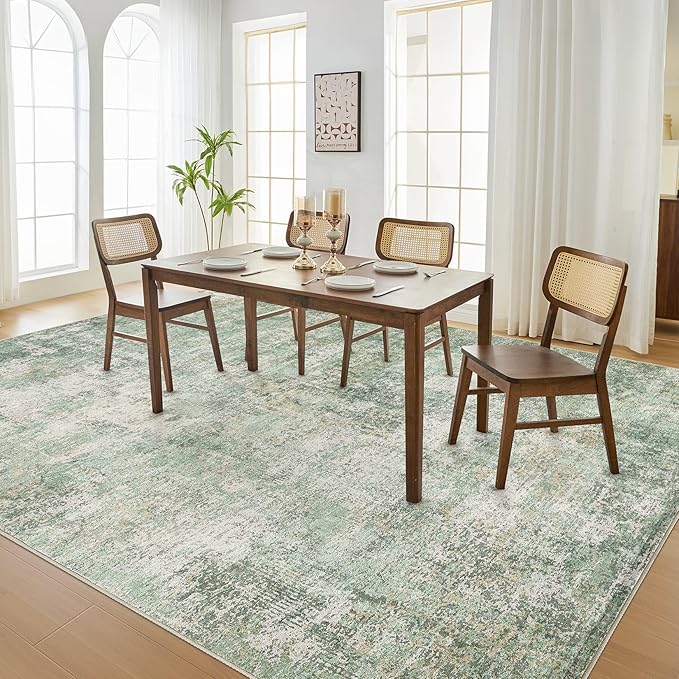 Area Rug Living Room Rugs - 9x12 Abstract Large Soft Indoor Washable Rug Neutral Modern Low Pile Carpet for Bedroom Dining Room Farmhouse Home Office - Green Grey