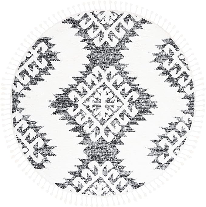 SAFAVIEH Moroccan Tassel Shag Collection Area Rug - 3' Round, Dark Grey & Ivory, Plush 2-inch Thick, Ideal for High Traffic Areas in Living Room, Bedroom, Dining Room (MTS652H-3R)