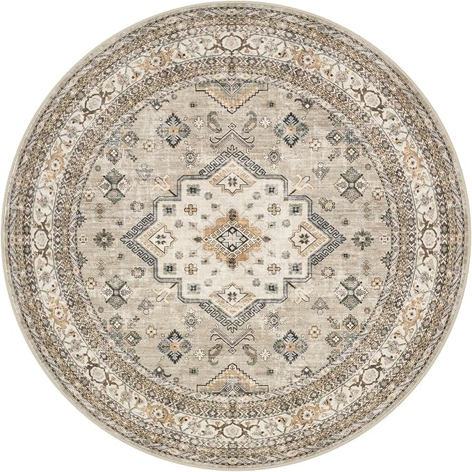 8ft Round Vintage Living Room Area Rug - 8x8 Large Soft Washable Oriental Traditional Distressed Farmhouse Rugs for Bedroom - Indoor Floor Accent Carpet for Home Office House Decor - Beige