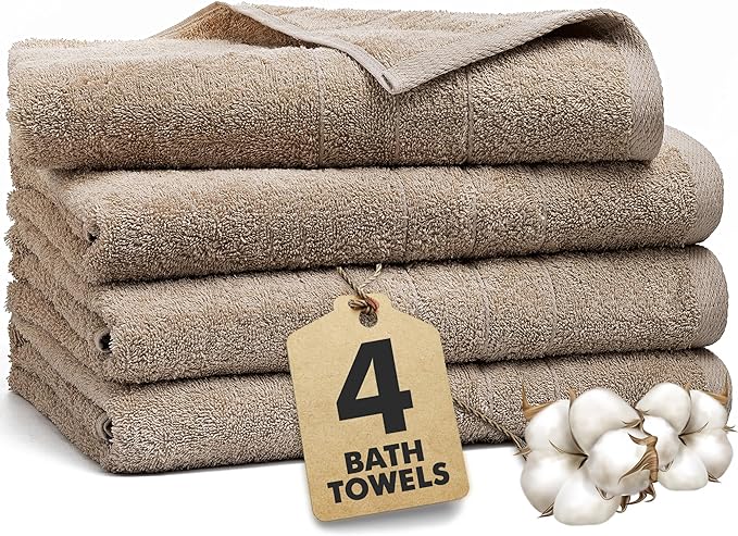 Bath Towels Set of 4 – 100% Cotton Beige Extra Large Towels for Bathroom, Spa Use (55x28 in) – Super Soft and Quick Dry Large Bath Sheets for Adults