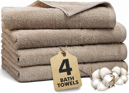 Bath Towels Set of 4 – 100% Cotton Beige Extra Large Towels for Bathroom, Spa Use (55x28 in) – Super Soft and Quick Dry Large Bath Sheets for Adults
