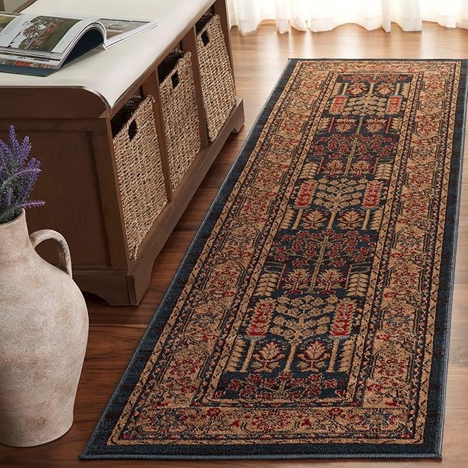 SAFAVIEH Mahal Collection Runner Rug - 2'2" x 14', Navy & Natural, Traditional Oriental Design, Non-Shedding & Easy Care, Ideal for High Traffic Areas in Living Room, Bedroom (MAH697E)