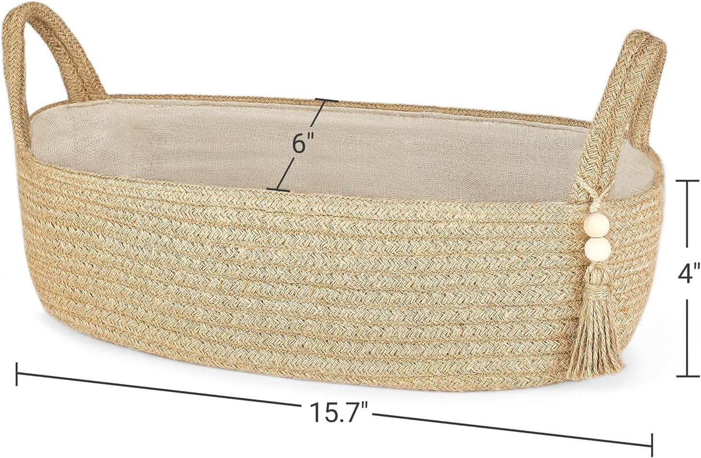 Small Storage Basket for Toilet Tank Top | Boho Bathroom Decor Woven Rope Organizer – Jute, 15.7" L x 6" W