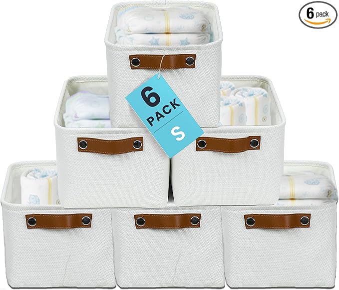 OrganiHaus Small Fabric Storage Baskets for Shelves 6 Pack, 12x8in Closet Storage Bins for Shelves, Cloth Baskets for Organizing, Linen Closet Organizers, Fabric Basket, White Basket