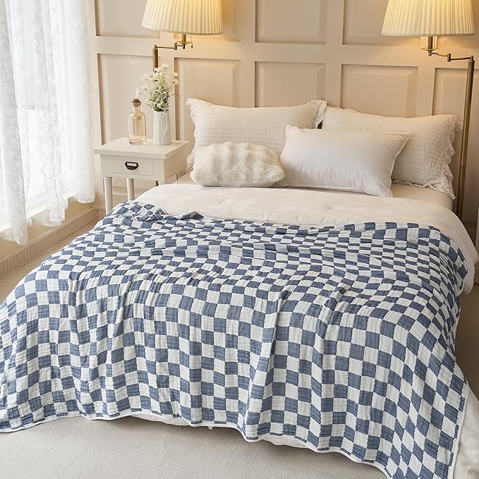Ultra Soft Cozy 6-Layer Muslin 100% Cotton Checkered Throw Blanket Breathable Lightweight Checkboard Bed Blankets Decorative for Sofa Bed All Seasons Both Sides (Blue, Throw 50"x60")