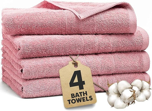 Bath Towels Set of 4 – 100% Cotton Baby Pink Extra Large Towels for Bathroom, Spa Use (55x28 in) – Super Soft and Quick Dry Large Bath Sheets for Adults