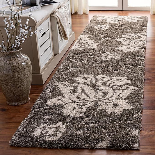 SAFAVIEH Florida Shag Collection Runner Rug - 2'3" x 9', Smoke & Beige, Floral Design, Non-Shedding & Easy Care, 1.2-inch Thick Ideal for High Traffic Areas in Living Room, Bedroom (SG458-7913)