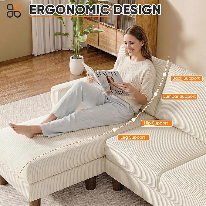 JUMMICO L Shape Sectional Sofa Couch, 3 Seat Convertible Sofa with Movable Ottoman and Side Storage Pockage, Modern Sofa Small Couches for Living Room & Apartment and Small Space (Corduroy, Beige)