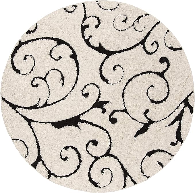 SAFAVIEH Florida Shag Collection Area Rug - 9' Round, Ivory & Black, Scroll Design, Non-Shedding & Easy to Clean, High-Low Plush Pile, Ideal for Living Room, Bedroom, Dining Space (SG455-1290)